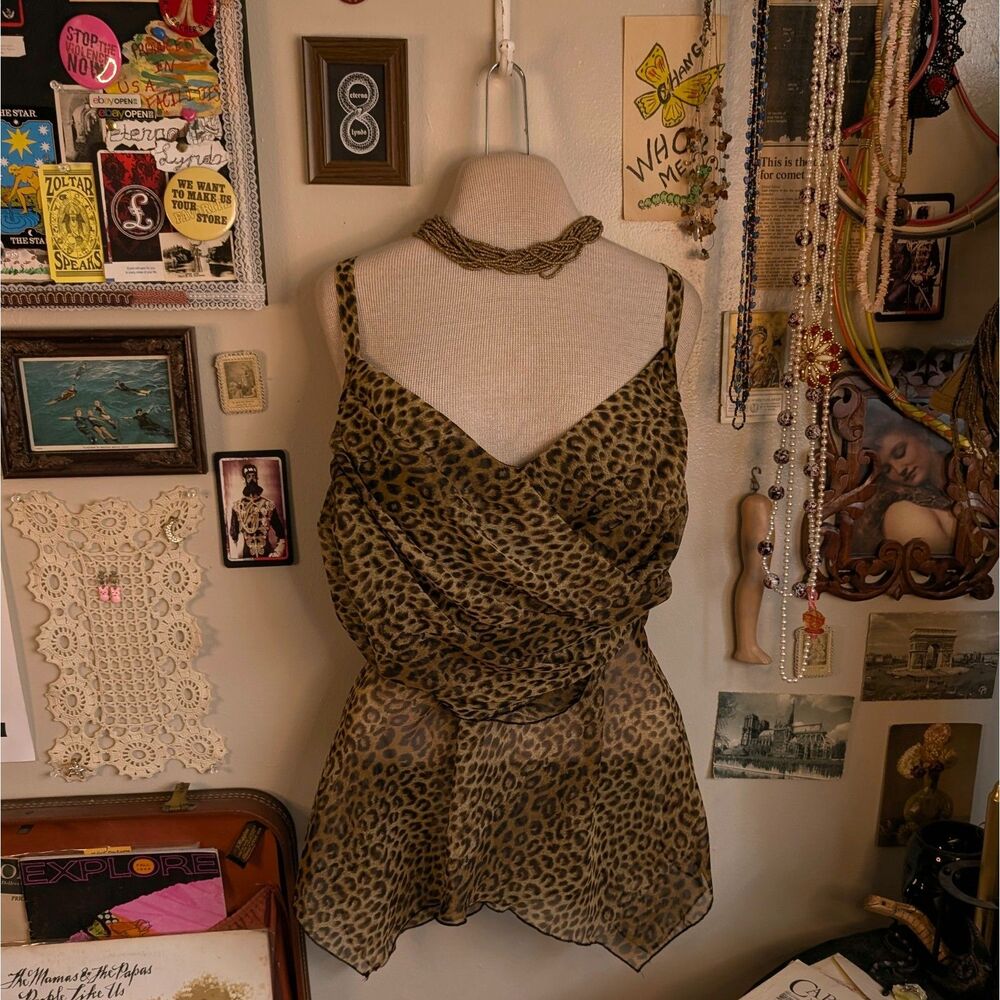 Leopard Print Mesh Babydoll Tank Top Blouse Women's 14 Large Yellow Brown
